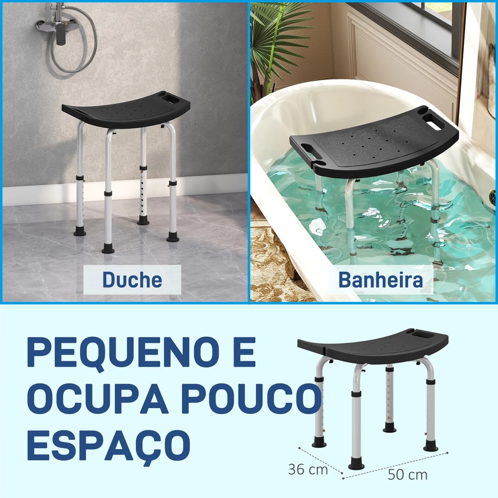 Banco de Duche com Altura Ajustável em 8 Posições com Base de Borracha Antiderrapante 50x36x39,5-56,5 cm Preto
