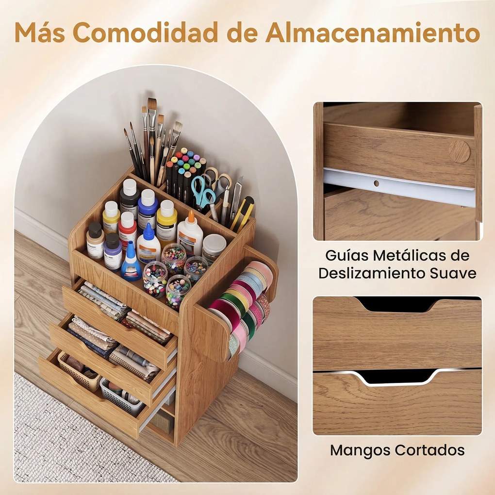 Carrinho de Arrumação com 3 Gavetas, 48,5 x 33 x 85 cm, Prateleira Ajustável, Natural