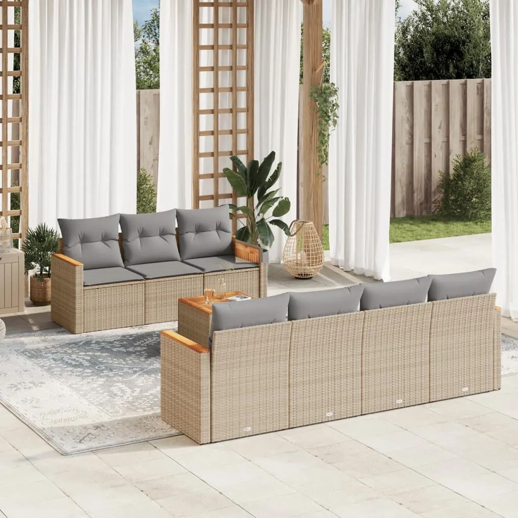 8 pcs conjunto de sofás p/ jardim com almofadões vime PE bege