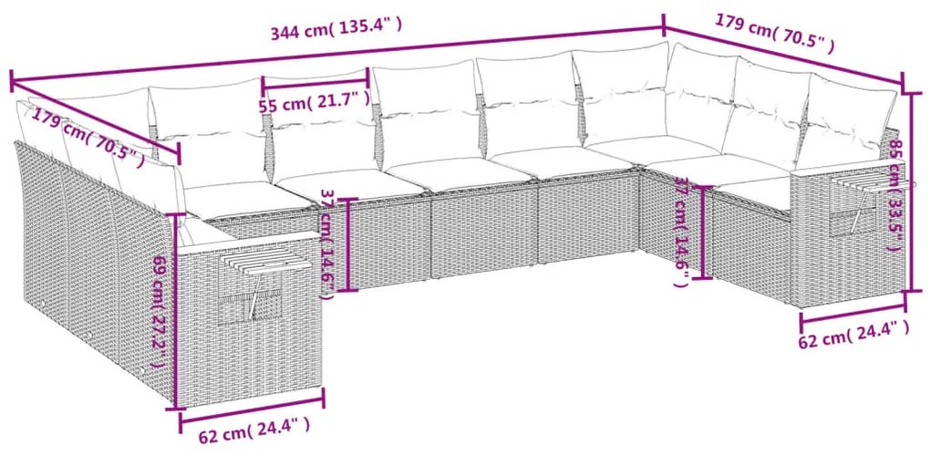 10 pcs conjunto sofás de jardim c/ almofadões vime PE preto