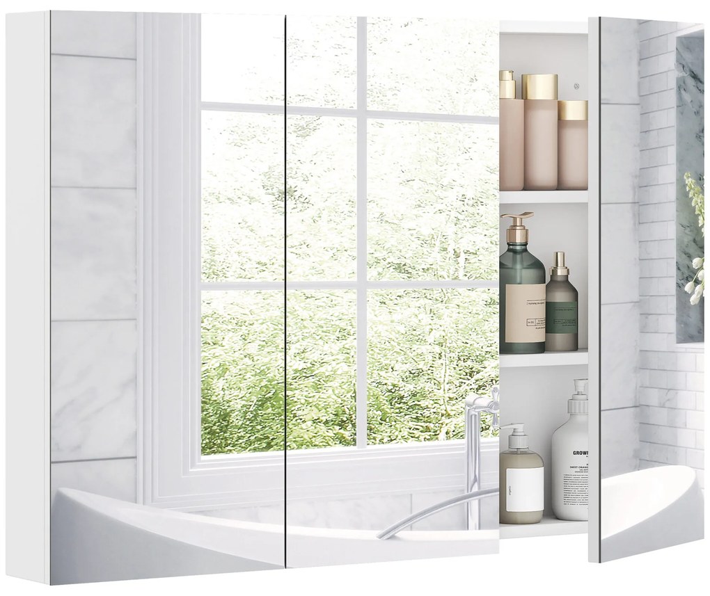 HOMCOM Armário de Casa de Banho com Espelho Armário de Parede Casa de Banho Suspenso com 3 Portas Prateleiras Ajustáveis 91,5x11,5x65 cm Branco