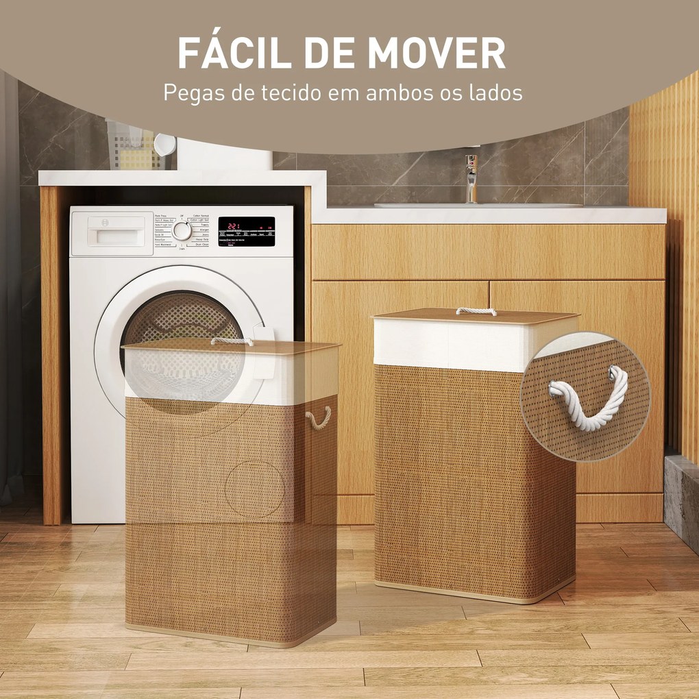 Cesto de Roupa com Tampa 72L Cesto de Roupa de Bambu com Bolsa Interior Removível e Alças 40x30x60 cm Madeira e Creme