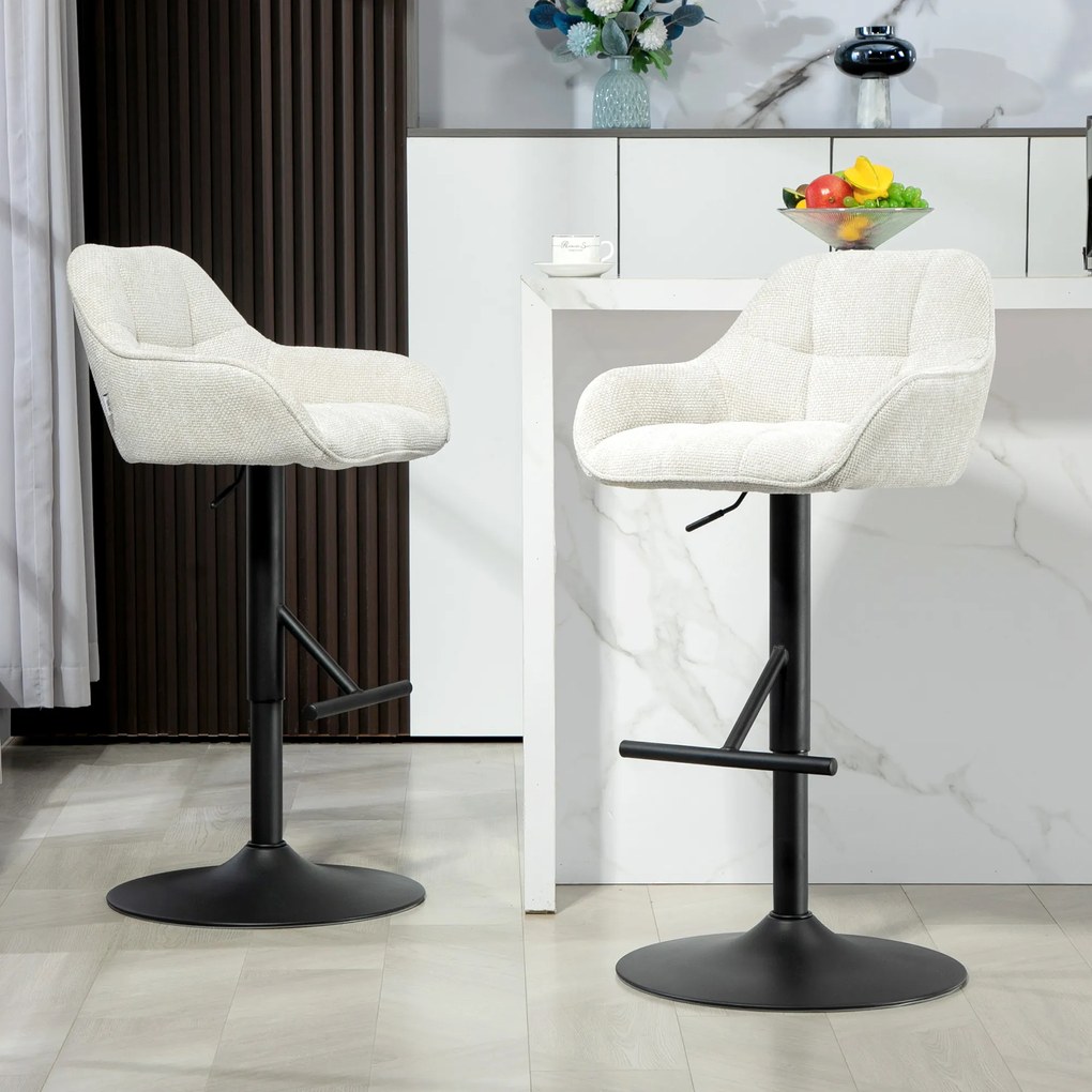 Conjunto de 2 bancos de bar com altura ajustável 52,5 x 53 x 86,5-108 cm, estofos com efeito de linho e base em aço  cor creme
