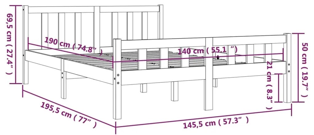 Estrutura de cama 140x190 cm madeira maciça castanho-mel