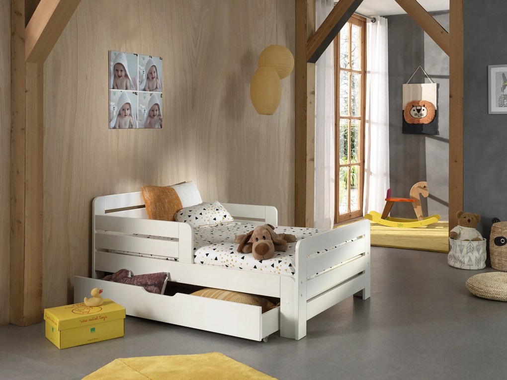 Cama infantil JUMPER transformável em 3 medidas 140, 160 e 200 cm + Estrado + Gaveta + colchão (140 + 60 cm) Branco