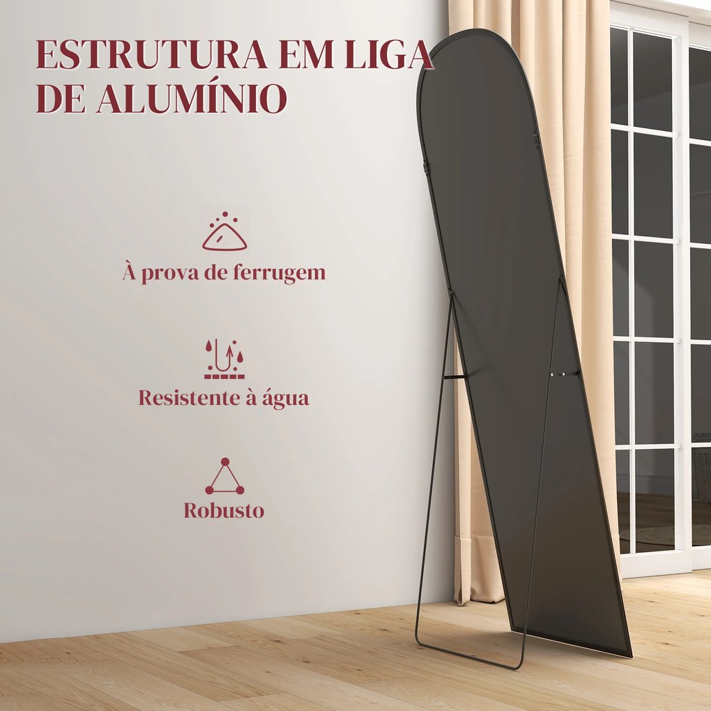 Espelho de Pé de Corpo Inteiro 60x165 cm com Estrutura de Liga de Alumínio e Suporte para Sala Quarto Preto