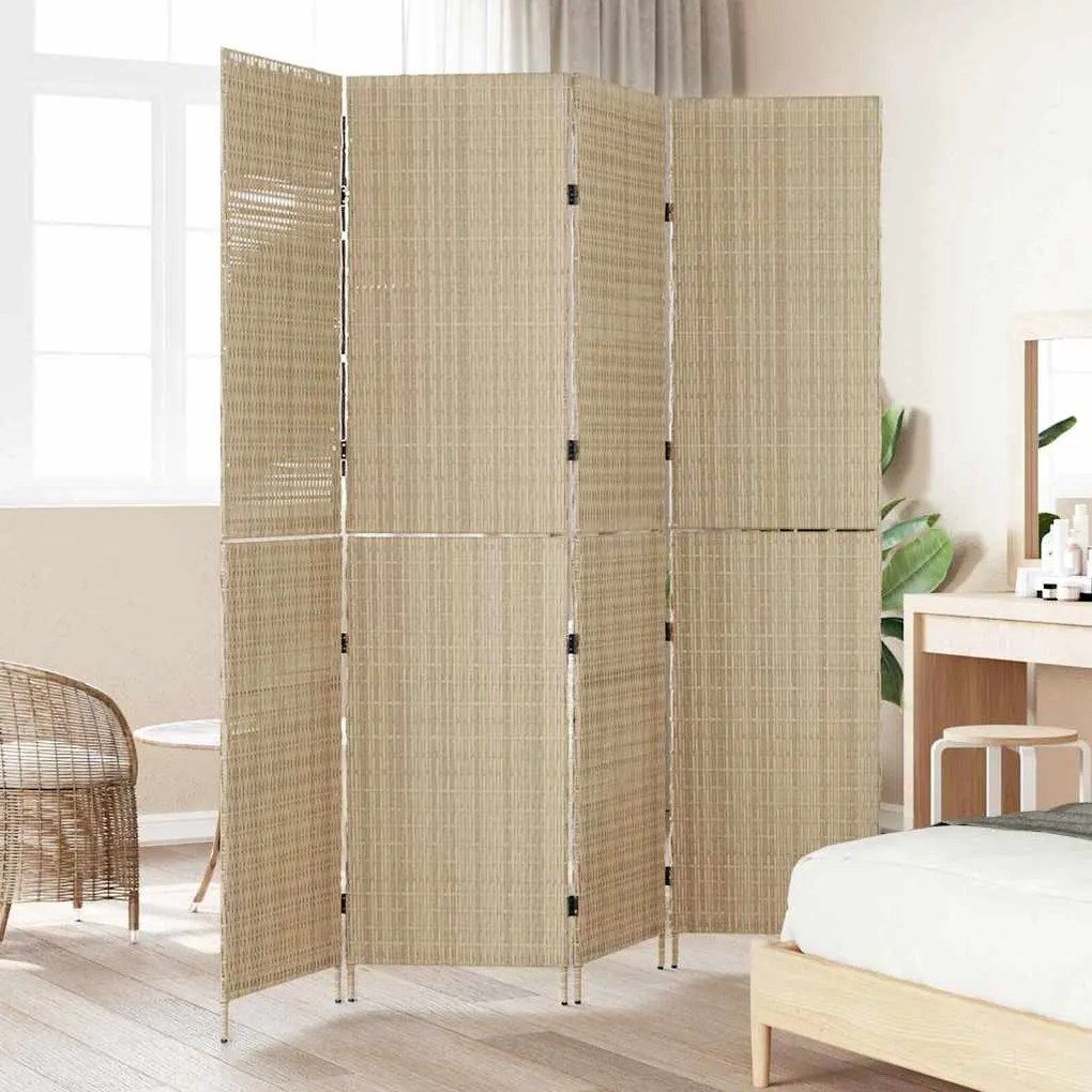 Divisor de Ambiente 4 Painéis Dobrável Bege 196x180 cm Polyrattan