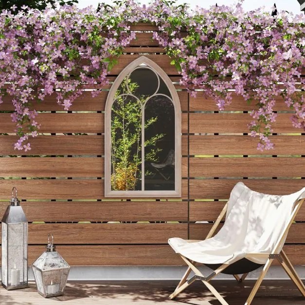 Espelho Painel 111,5x60,5cm Janela Estilo Fazenda Arqueado Moldura Metálica Antiexplosão Sala de Estar Entrada Lareira Jardim Cinza rústico