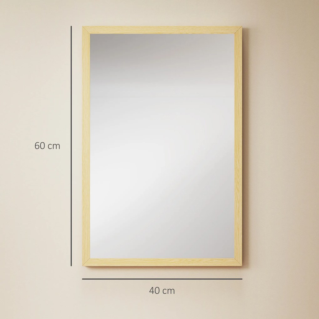 Espelho de parede retangular de 60 x 40 cm, com moldura em madeira natural, ideal para a casa de banho, sala de estar ou quarto