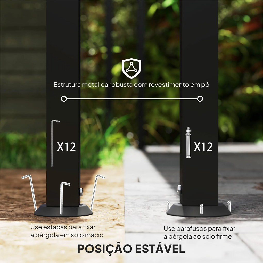 Pérgola de Parede 3x6 m com Telhado Inclinado Orifícios de Drenagem e Estrutura Metálica Creme