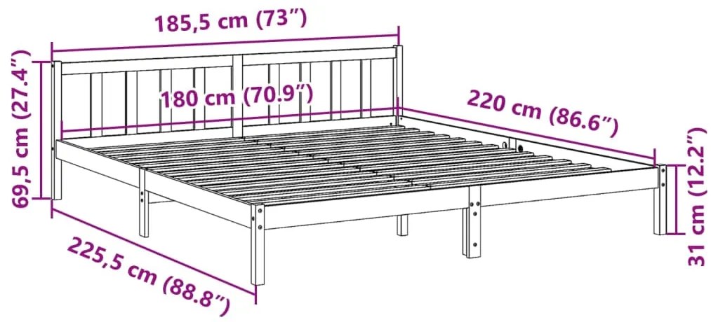 Cama extra longa sem colchão 180x220 cm pinho maciço branco