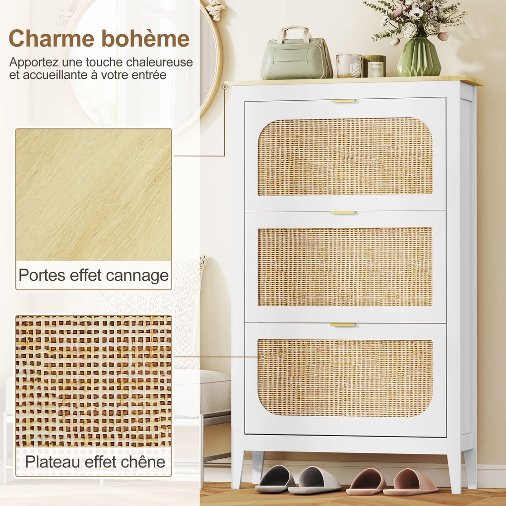Sapateira com capacidade para 21 pares 80 x 24 x 131 cm, estilo boémio, com 3 gavetas rebatíveis, portas com efeito de vime, branco