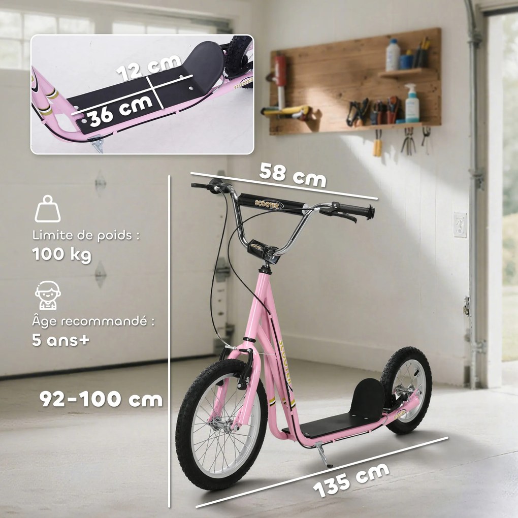 Trotinete infantil, com pneus grandes, guiador ajustável, punhos, travões e descanso, em aço rosa