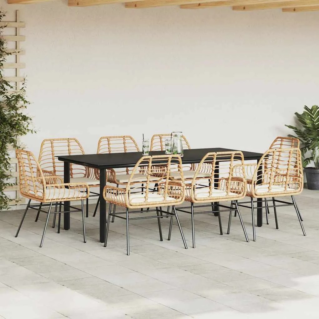 Conjunto jantar jardim 9 peças almofadas vidro vime PE castanho