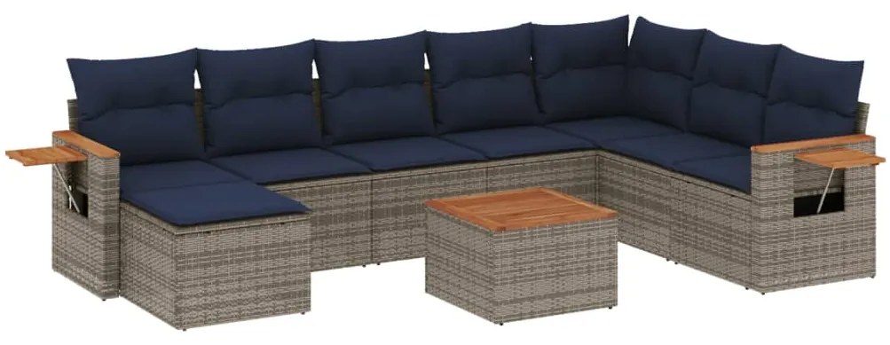 9 pcs conjunto sofás p/ jardim c/ almofadões vime PE cinzento