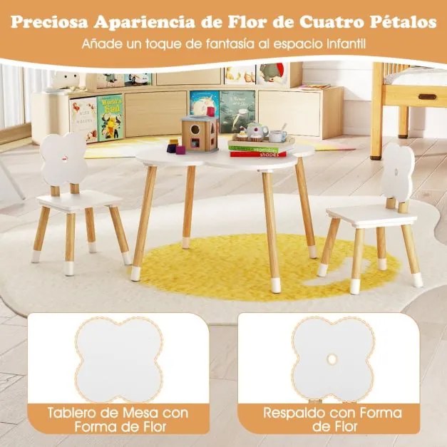 Conjunto de Mesa Flor com Jogo e Atividades em Madeira e 2 Cadeiras Infantis em Pinho Maciço para Crianças com mais de 3 anos Branco e Natural