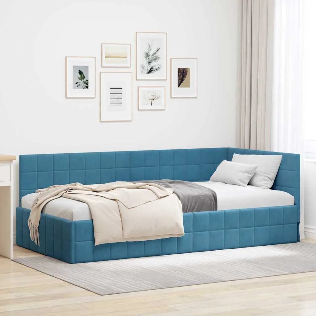 vidaXL Estrutura de Cama de Canto Azul 90 cm x 200 cm Veludo