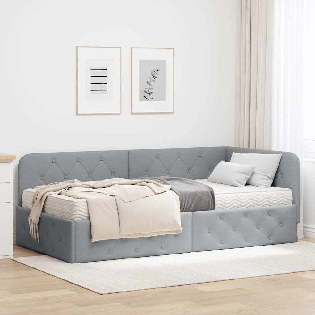 vidaXL Estrutura de Cama de Canto Cinzento-claro 90 x 190 cm tecido