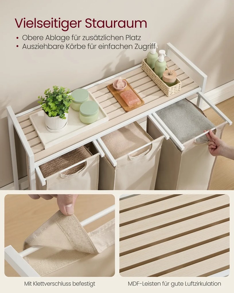 Cesto da roupa com 3 compartimentos e prateleira prática 92,5 x 33 x 72 cm bege cappuccino-bege natural
