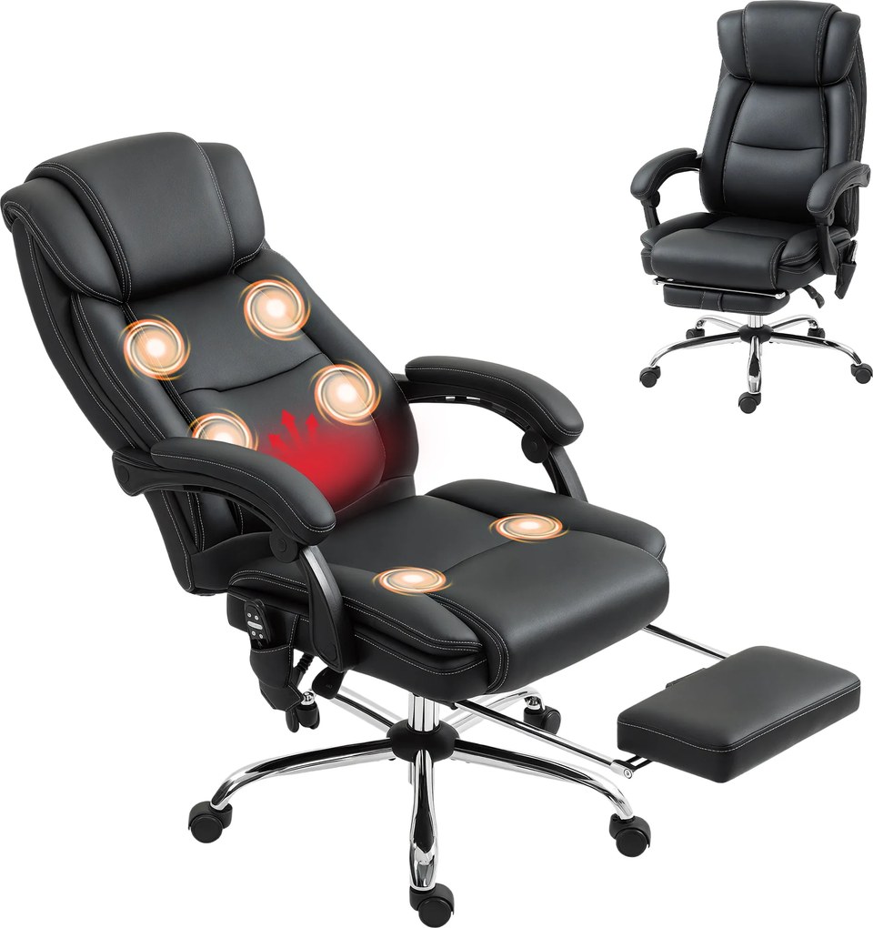 Cadeira de escritório com função de massagem e aquecimento, com altura ajustável e encosto reclinável, 67 x 72 x 111–119 cm, preta
