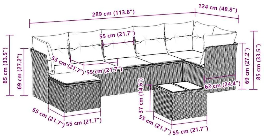 8 pcs conj. sofás jardim c/ almofadões vime PE cinzento-claro