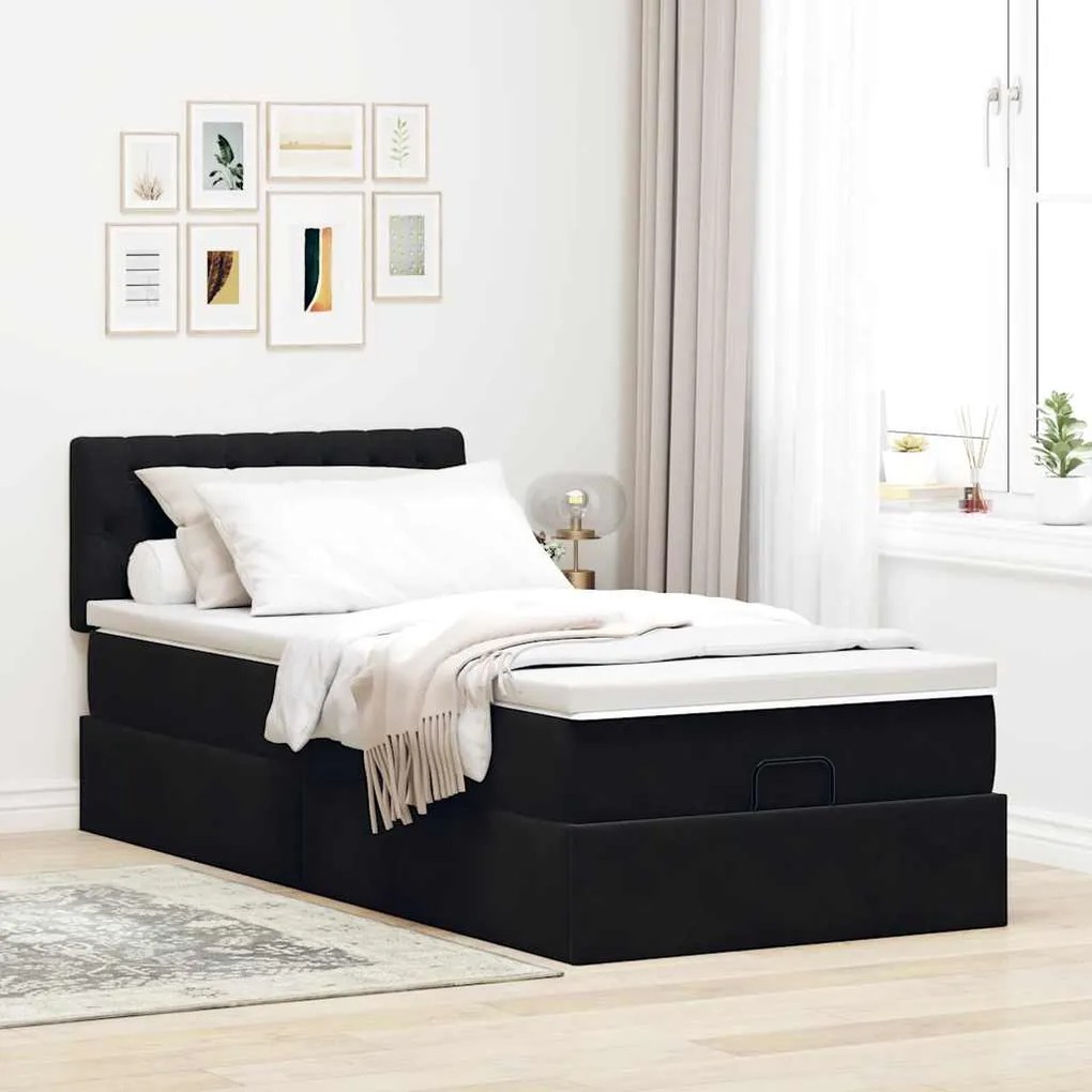 Estrutura de cama otomana com colchão preto veludo