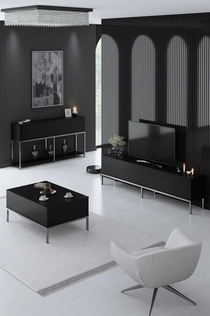 Conjunto de Mobiliário de Sala Lord – Preto e Prateado – TV Stand: 180