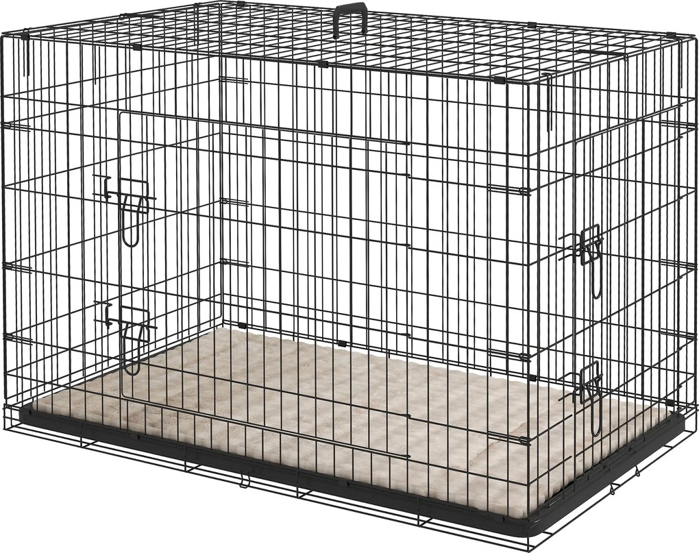 Gaiola de transporte dobrável para cães com pega, tabuleiro removível e almofada incluída – 105 x 70 x 75 cm – preta