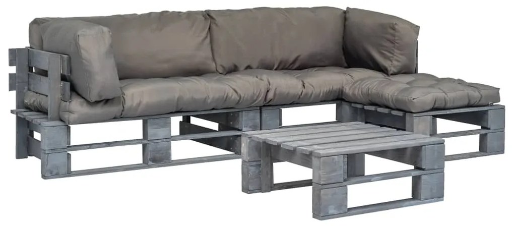 Conj. lounge de paletes 4 pcs com almofadões cinzentos madeira