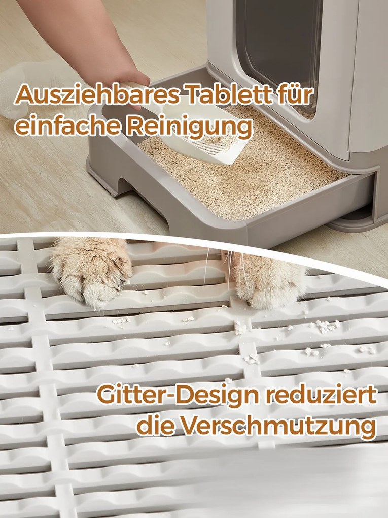 Caixa de areia para gatos com tampa 54,3 x 42,5 x 37,8 cm, tabuleiro extraível cinzento