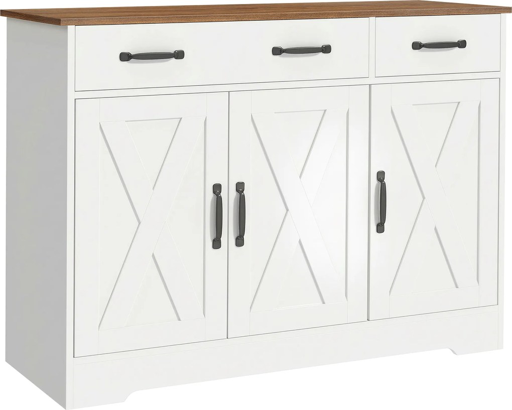 HOMCOM Buffet para cozinha, móvel de arrumação com 3 portas de celeiro, 2 gavetas e prateleiras ajustáveis, 108 x 40 x 81 cm, branco | Aosom Portugal