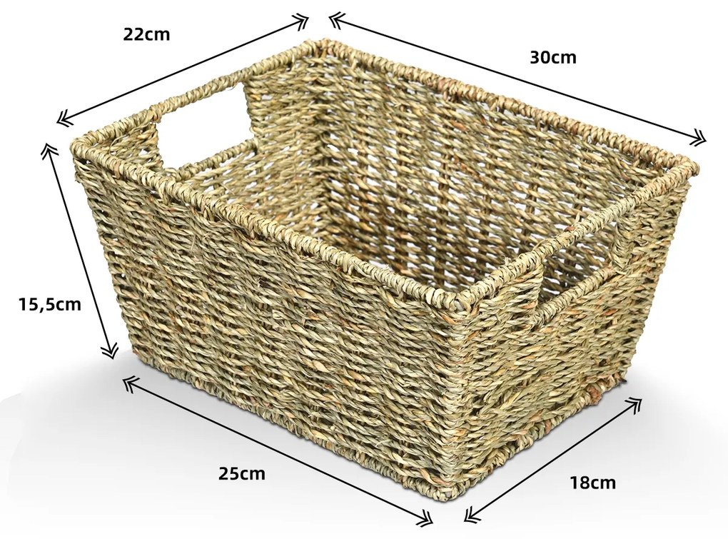 Conjunto de 4 Cestos Rectangulares em Seagrass com Pegas para Cozinha e Lavandaria 30 x 22 x 15,5 cm