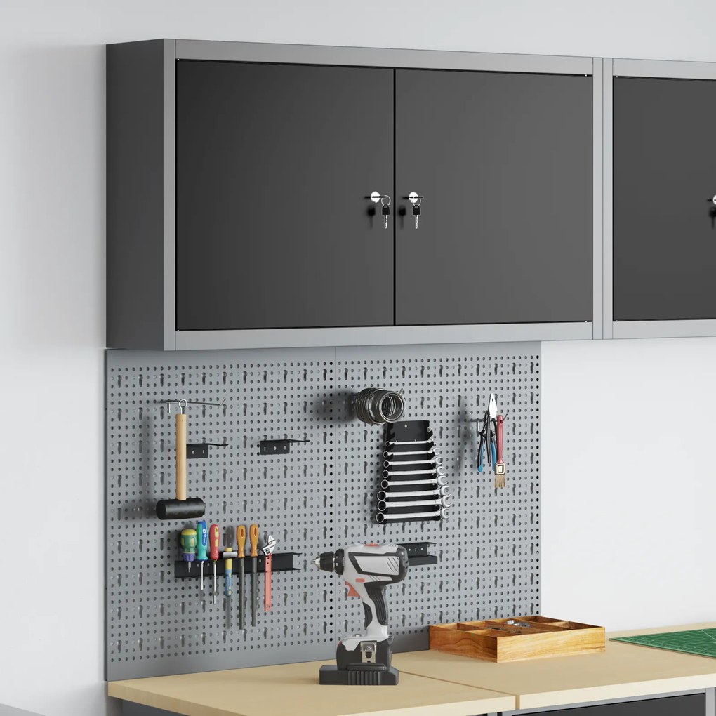Conjunto de Armário para Ferramentas e Painel de Ferramentas de 3 Peças, Montado na Parede, Metal Preto