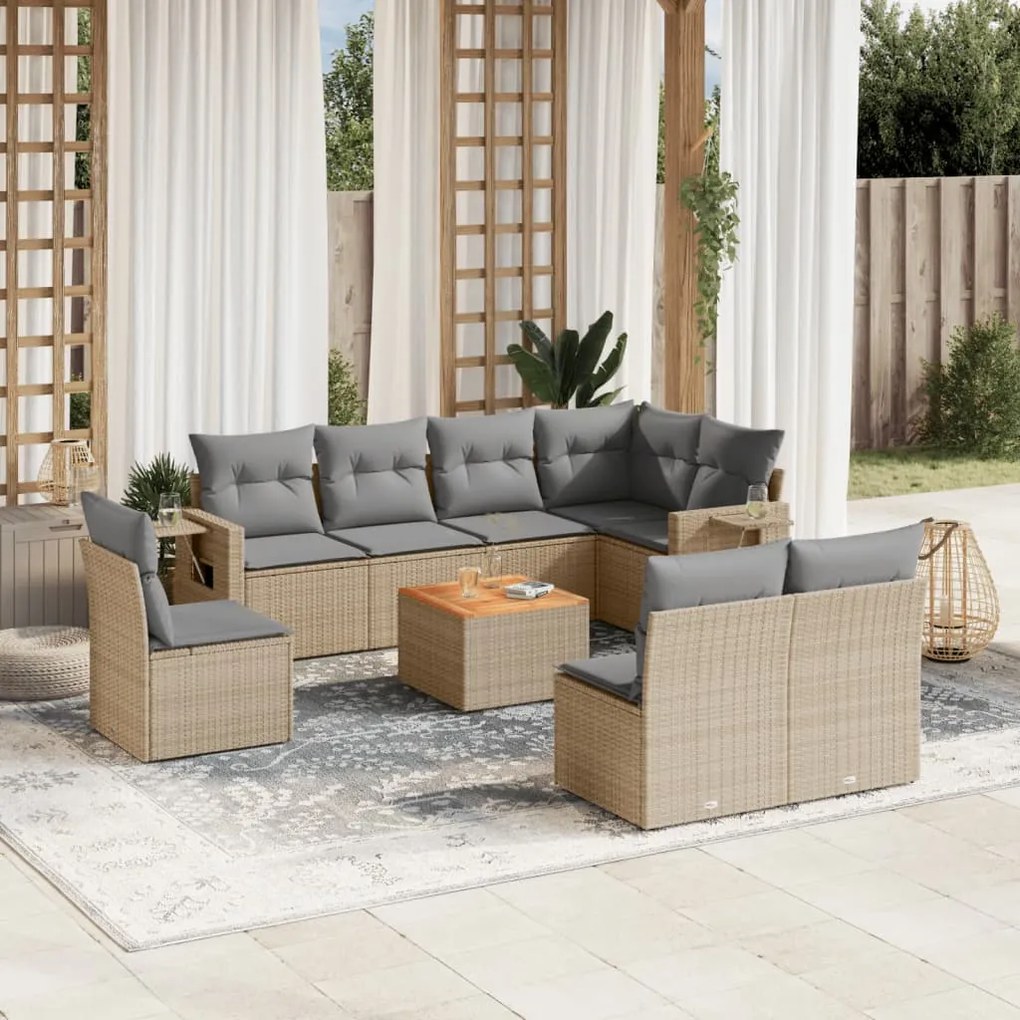 9 pcs conj. sofás jardim c/ almofadões vime PE bege misturado