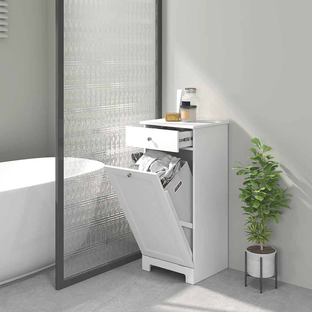 Armário de Casa de Banho com Cesto de Roupa Suja Basculante Móvel para Roupa Suja com Saco de Tecido Dobrável e Gaveta Branco 40x38x90 cm