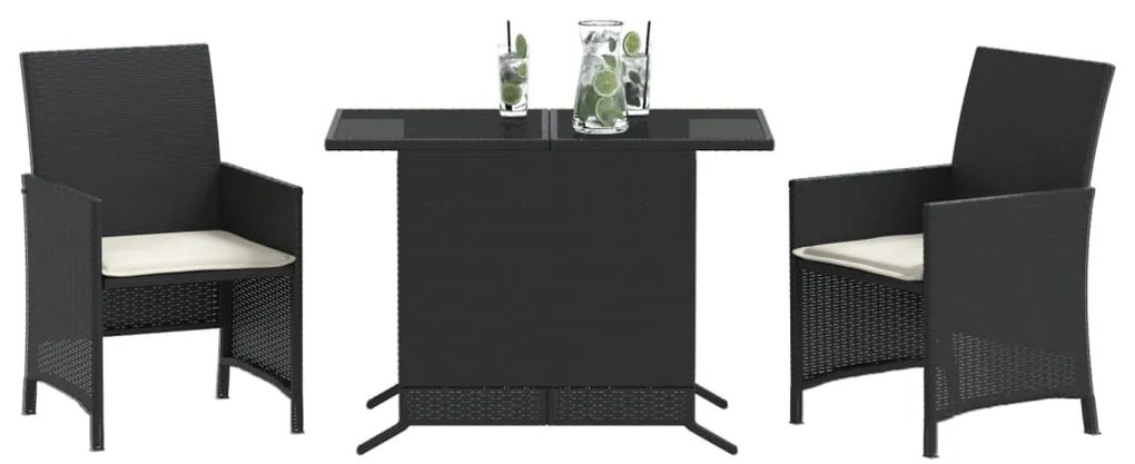 3 pcs conjunto de bistrô com almofadões vime PE preto