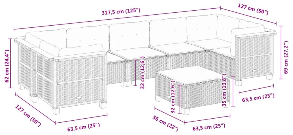 8 pcs conjunto sofás de jardim com almofadões vime PE preto