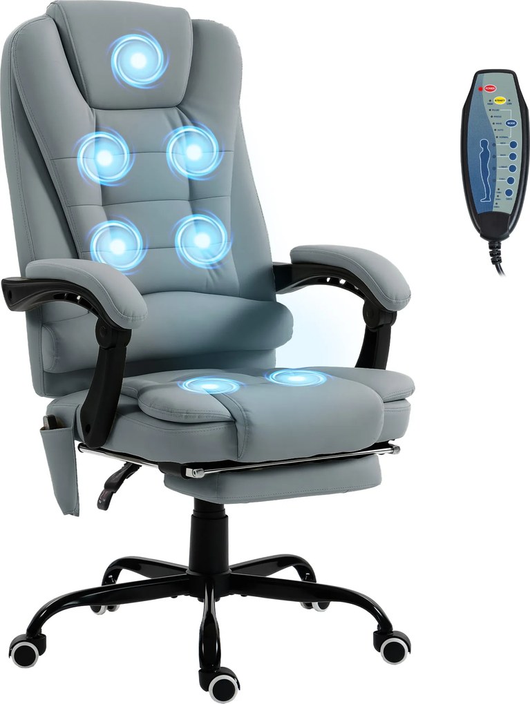 Cadeira de escritório com função de massagem, altura ajustável, encosto reclinável e comando com fio, cinzenta