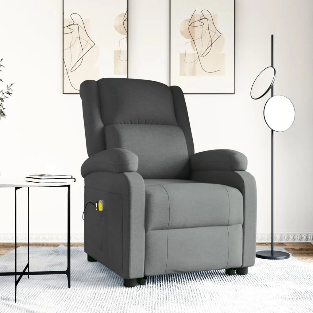 vidaXL Poltrona de massagens elevatória tecido cinzento-escuro