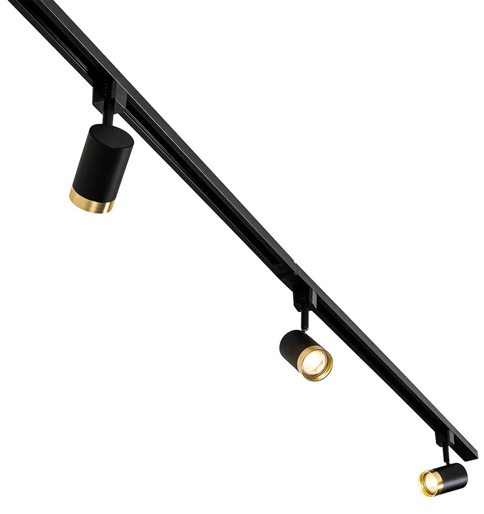 Sistema de calhas monofásico com 5 focos pretos com anel dourado - Jeana