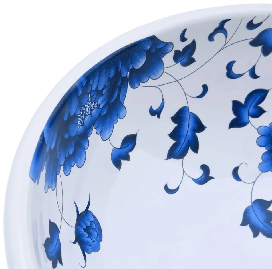 Lavatório de bancada redondo Φ41x14 cm cerâmica branco e azul