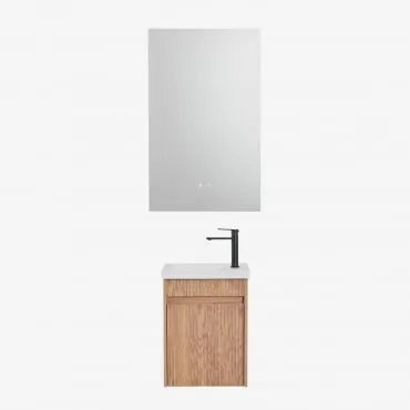 Conjunto De Móvel De Casa De Banho Suspenso Em Madeira Com Lavatório Integrado Narek Castanho Fresno & Retangular Led E Anti-embaciamento - Sklum