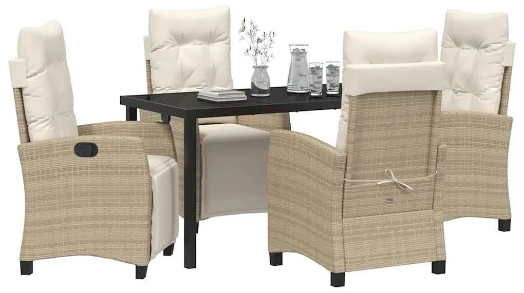 Conjunto de jantar de jardim de 5 peças, bege em rattan poliéster.