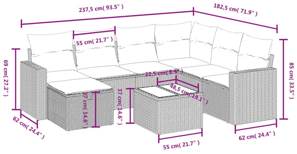 8 pcs conj. sofás jardim c/ almofadões vime PE bege misturado