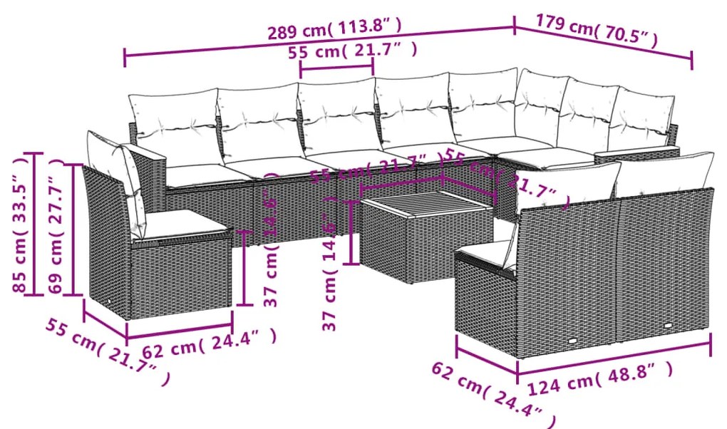 11 pcs conjunto sofás de jardim c/ almofadões vime PE bege