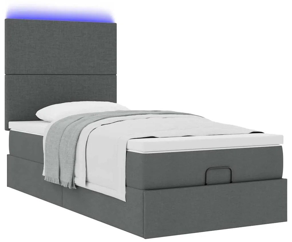 Cama otomana com colchão & LEDs 90x200cm tecido cinzento escuro