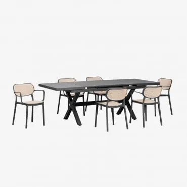 Conjunto De Mesa Retangular Extensível Karena 180-240x90 Cm E 6 Cadeiras De Jardim Empilháveis Com Apoios De Braços Omara Cinza Grafito - Sklum
