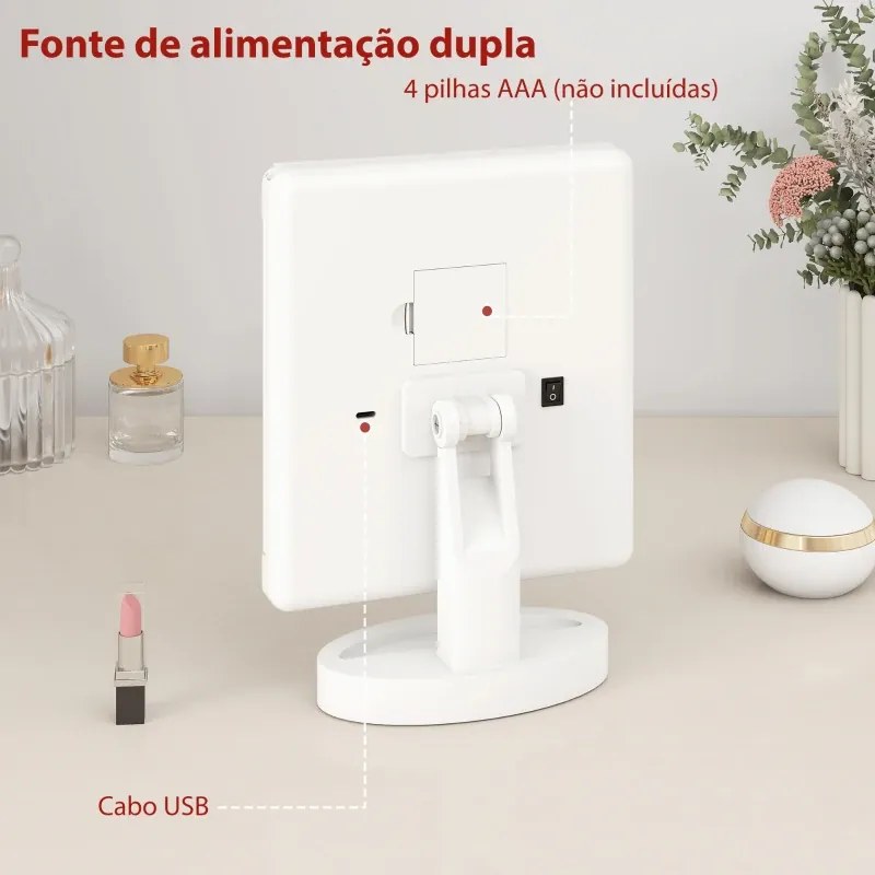 Espelho de Maquilhagem com Luz com Aumento 1x/2x/3x Rotação Livre de 180° 21 Luzes LED 28x12x18 cm Branco
