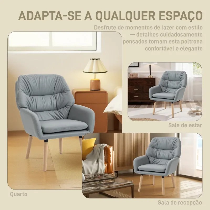 Poltrona de Sala de Estar Moderna Acolchoada de Dupla Camada Estofada em Couro Sintético Pés de Madeira 68x74x89 cm Cinza
