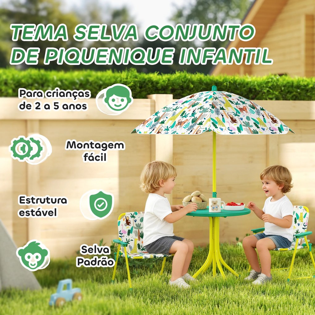 Conjunto de Assentos Infantis Conjunto de 4 Peças com Guarda-sol Removível Mesa Infantil com 2 Cadeiras Dobráveis Verde